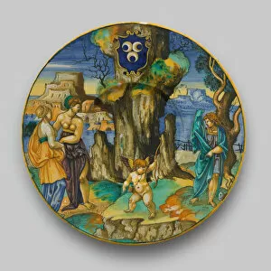 Plate with Narcissus, Echo, Cupid, Urbino, c. 1530. Creator: Francesco Xanto Avelli