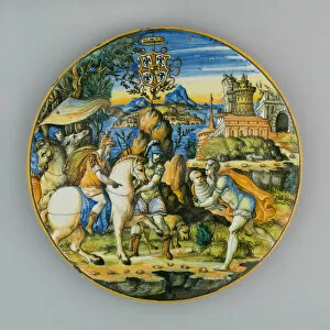 Tin Glazed Collection: Plate with Story of Numa Pompilius and Arms of Gonzaga, Urbino, c. 1560