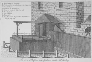 Newgate Gaol Prints: The platform and gallows at Newgate Prison, Old Bailey, City of London, 1783. Artist