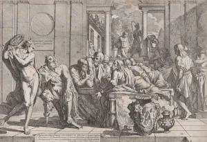 Discussion Prints: Platos symposium: Socrates and his companions seated around a table discussing ideal