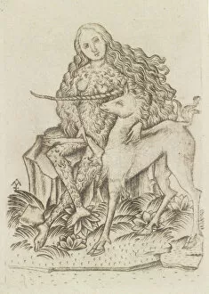 Mythical Beasts Gallery: Playing Card, with Wild Woman and Unicorn, 15th century. Creator: Master ES