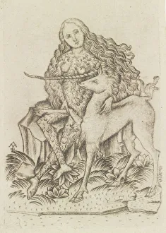 Playing Card Prints: Playing Card, with Wild Woman and Unicorn, 15th century. Creator: Master ES