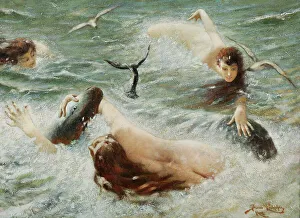 Mermaid Prints: Playing nymphs. Creator: Knüpfer, Benes (1844-1910)