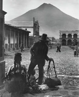Guatemala Prints: Plaza and volcano of Antigua, Guatemala, between 1899 and 1926. Creator: Arnold Genthe