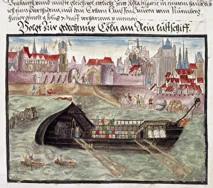 German Text Prints: A pleasure boat on the River Rhine at Cologne, 1560-1632. Creator: Unknown