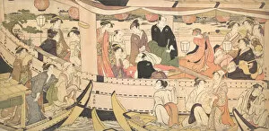 Triptych Of Polychrome Woodblock Prints Gallery: Pleasure Boat on the Sumida River, ca. 1788-90. Creator: Torii Kiyonaga