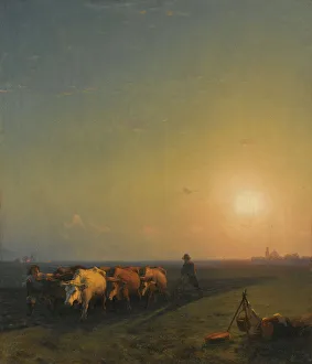 Spring Landscape Prints: Ploughing the fields, Crimea, 1865. Artist: Aivazovsky, Ivan Konstantinovich (1817-1900)
