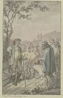 Oxen Prints: A plowing man with a team of oxen approaches a group of bareheaded men