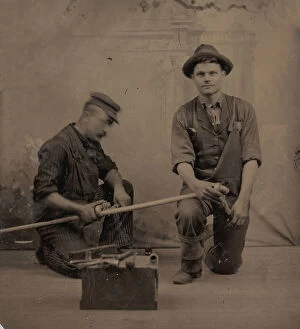 Plumbing Gallery: Two Plumbers with a Pipe, Pipe Cutter, and Toolbox, 1870s-80s. Creator: Unknown