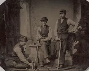Builder Gallery: Three Plumbers with Pipes and Tools, 1870s-80s. Creator: Unknown