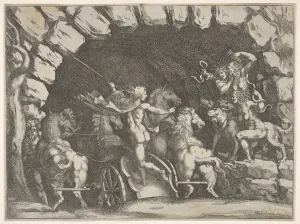 Pluto, seen from behind, entering the Underwold on his chairot, Cereberus and three Fu Pluto, seen from behind, entering the Underwold on his chairot, Cereberus and three Fu