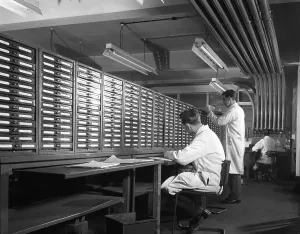 Admin Prints: Pneumatic Tube Transport system at at Duckmanton Colliery stores near Chesterfield, 1962
