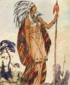 Pocahontas, Native American chiefs daughter who saved John Smith, 1937. Artist: Alexander K MacDonald Pocahontas, Native American chiefs daughter who saved John Smith, 1937. Artist: Alexander K MacDonald