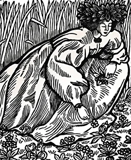 Bending Down Prints: The Poems of Ronsard. Original Woodcut, 1902, (1923). Artist: Lucien Pissarro