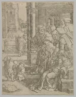 Lowering Gallery: Poet Virgil Suspended in a Basket, 1525. Creator: Lucas van Leyden