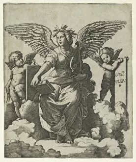 Cherubim Collection: Poetry personified as a winged woman, ca. 1515. Creator: Marcantonio Raimondi