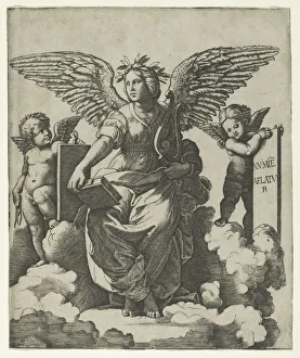 Winged Figures Prints: Poetry personified as a winged woman, ca. 1515. Creator: Marcantonio Raimondi