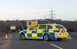 Police car and ambulance attending road traffic accident 2018. Creator: Unknown