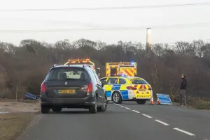 Police car and ambulance attending road traffic accident 2018. Creator: Unknown