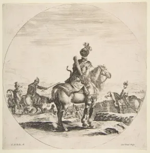 Ital Prints: Polish horseman with a bow and arrow, seen from behind with his horse facing right, a