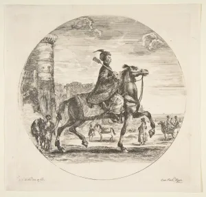 Polish horseman in profile facing right, a tower and other figures on horses in backgr Polish horseman in profile facing right, a tower and other figures on horses in backgr