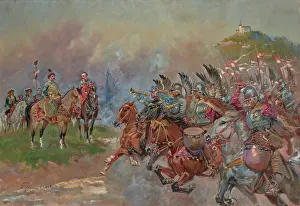 Drum Prints: Polish Hussars Parading in Front of King John III Sobieski, 1924. Creator: Wojciech Kossak