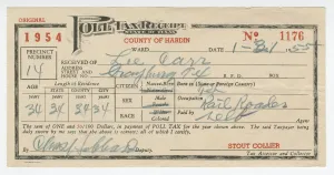 Civil Rights Prints: Poll tax receipt for Lee Carr from Hardin County, Texas, 1955. Creator: Unknown