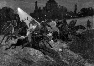 Pony Prints: Polo-match by electric light at the Ranelagh Club, 1880. Creator: W. I. Mosses
