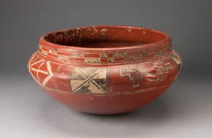 Polychrome Bowl with Geometric Designs and Face in Relief on Shoulder, c. 400 B. C