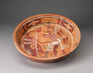 Pre Columbian Collection: Polychrome Plate Depicting a Standing Figure with Ornate Speach-Scroll, A. D. 600 / 900