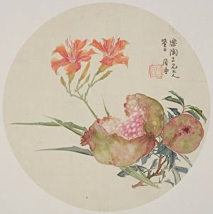 Oranges Prints: Pomegranate and day lily, about 1850-1904. Creator: Ju Lian
