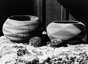 Basket Collection: Pomo baskets and magnesite beads, 1924, c1924. Creator: Edward Sheriff Curtis