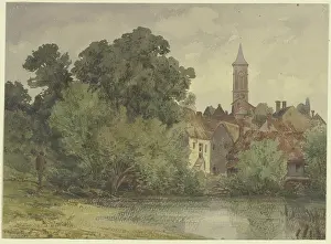 Waters Edge Prints: Pond, behind it the houses of a village with a church steeple
