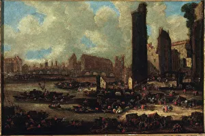Canvasmaterial Prints: Pont-Neuf, the Cite, and the Porte de Nesle, around 1650. Creator: Pieter Casteels