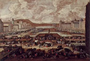Canvasmaterial Prints: Pont-Neuf, Seine and the Louvre, around 1670. Creator: Pieter Casteels