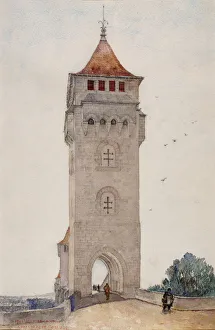 Watercolor And Pencil On Paper Prints: Pont Valentre, Cahors, 1926. Creator: Cass Gilbert