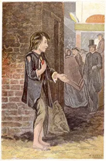 A poor boy, shoeless and in rags, begging on a street corner, c1880 A poor boy, shoeless and in rags, begging on a street corner, c1880
