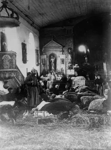 Poor in North France sleeping in church, between 1914 and c1915. Creator: Bain News Service