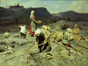 Miners Prints: The Poor, Picking up Pieces of Coal, 1894. Creator: Kasatkin