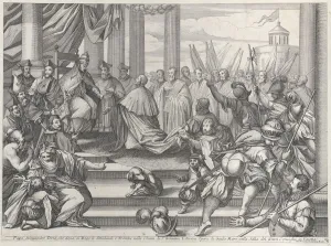 Pope Alexander III presents Doge Ziani with standards and bugles after his defeat of H... ca. 1720. Creator: Anon