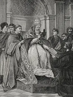 Pope Gregory IX, (1170-1241) receiving the Decretals compiled by Saint Raymond of Penafort, 1877. Creator: Jules Jean Marie Joseph Huyot