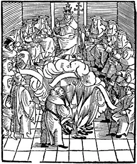Pope Leo X supervising the burning of Martin Luthors books, 1521