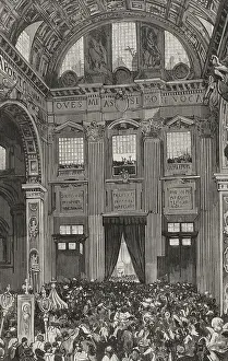 Pope Leo XIII giving his first blessing to the faithful from the inner balcony...1878. Creator: Bernardo Rico