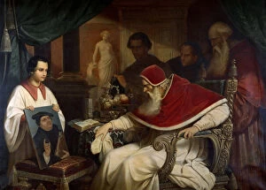 Male Portrait Gallery: Pope Paul III (1468-1549) viewing Cranachs Portrait of Luther, 1838-1839. Creator: Schorn