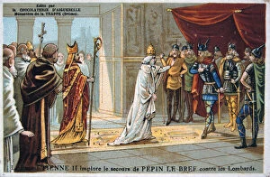 Images Dated 27th September 2005: Pope Stephen II pleads for the safety of Pepin the Short from the Lombards, c750 AD, (19th century)