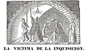 Device Gallery: Popular engraving showing a scene of the Inquisition with various torture devices, etching, 1850