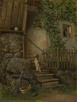 Eduard Prints: On the Porch (Dog and Cat), 1882. Creator: Eduard Majsch