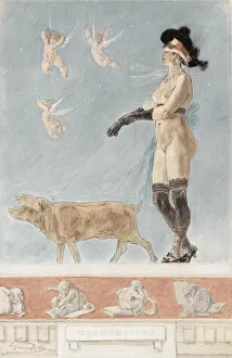 Pornokrates (La Dame au cochon). Artist: Rops, Felicien (1833-1898) Pornokrates (La Dame au cochon). Artist: Rops, Felicien (1833-1898)