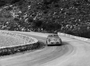 Corner Prints: Porsche 356 taking a corner in the Monte Carlo Rally, 1954