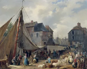 Cargo Boat Prints: The port of Honfleur, loading cattle, c1823. Creator: Xavier Leprince